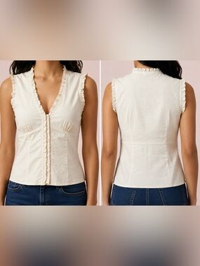 NOTICE Cream Ruffle Trim Sleeveless Button-Front Top